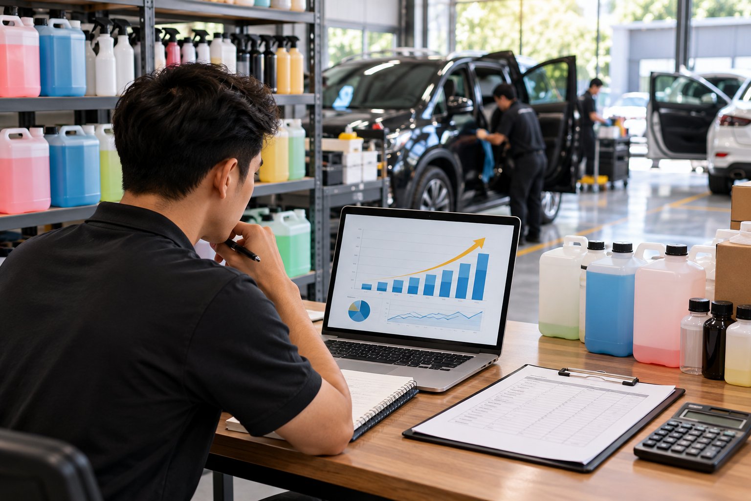 Ảnh minh hoạ: Định mức hóa chất vệ sinh nội thất ô tô cho garage